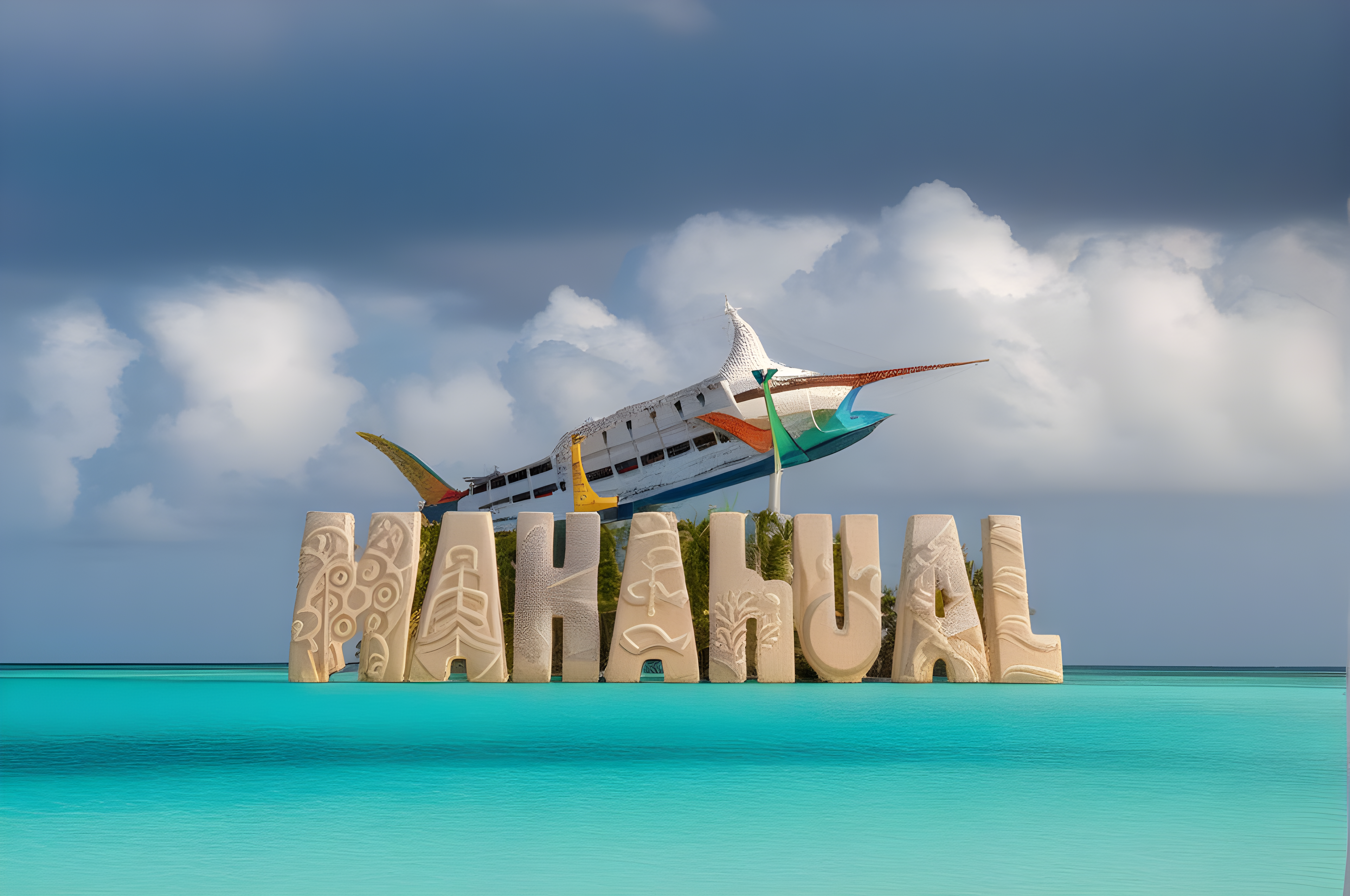 Un dibujo de las letras de Mahahual hecho por un crucero en forma de Pez Marlin, dibujo hecho por Maravilloso